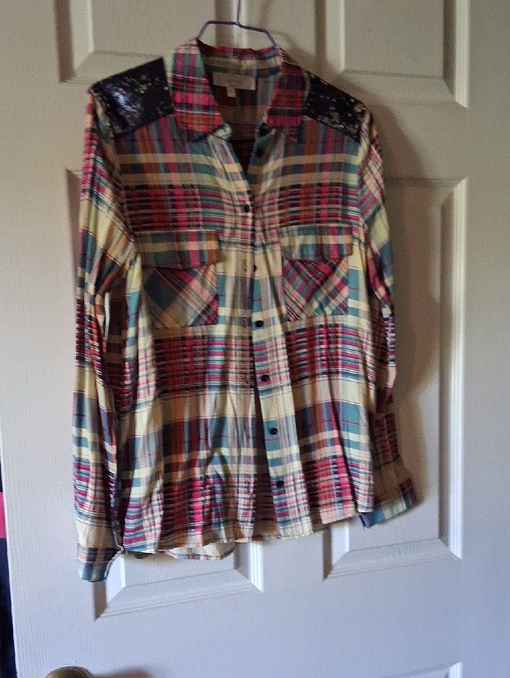 entro Multicolor Plaid Button-Down Shirt with Sequin Shoulder Accents